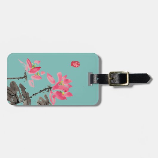 緑色の中国のフリーハンドウォーターカラーロータスフラワー ラゲッジタグ (正面横)