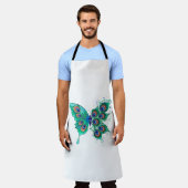 緑色の孔雀の羽を持つ蝶 エプロン (着用した状態)
