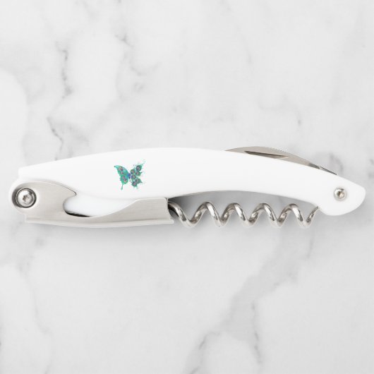 緑色の孔雀の羽を持つ蝶 ソムリエナイフ (正面)