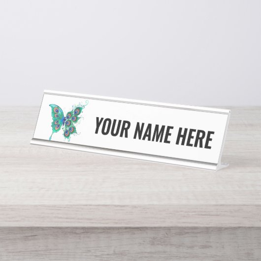 緑色の孔雀の羽を持つ蝶 デスクネームプレート (正面)