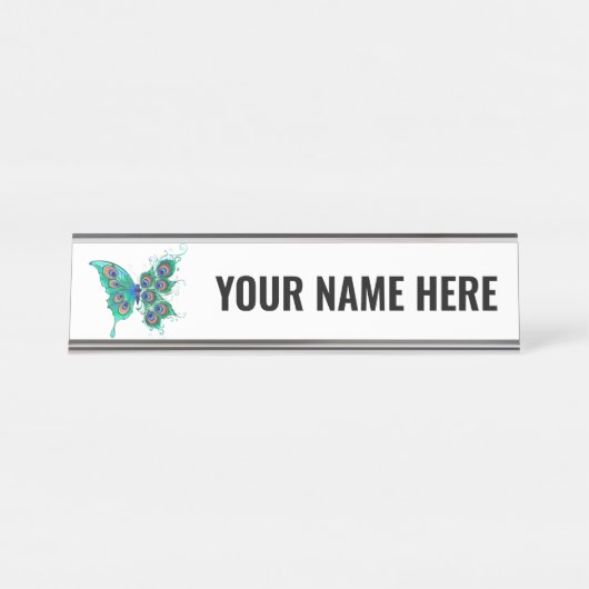 緑色の孔雀の羽を持つ蝶 デスクネームプレート (正面)