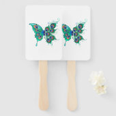 緑色の孔雀の羽を持つ蝶 ハンドファン (正面&裏面)