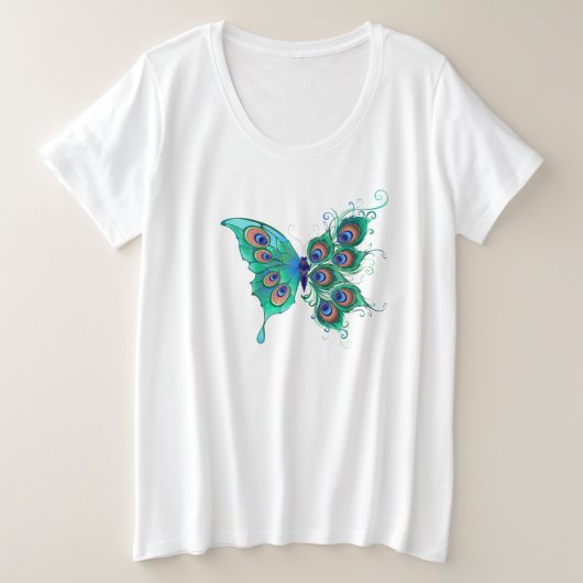 緑色の孔雀の羽を持つ蝶 プラスサイズTシャツ (デザイン正面)