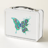 緑色の孔雀の羽を持つ蝶 メタルランチボックス (裏面)