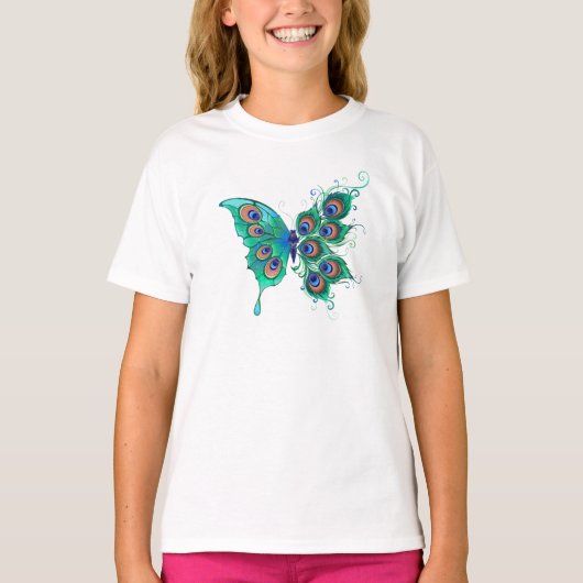 緑色の孔雀の羽を持つ蝶 Tシャツ (正面)