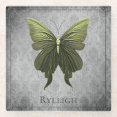 緑色の宝石を付けた蝶 ガラスコースター (正面)