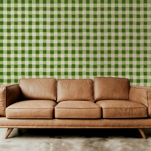 緑色の手描きプラ市松模様にイド 壁紙 (Playful green on green hand-drawn checkered plaid modern peel and stick wallpaper.)