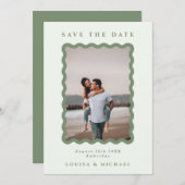 緑色の波状フレーム写真結婚QRコード救のDa セーブザデート (正面/裏面)