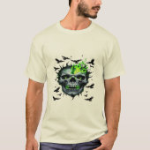 緑色の炎を放つ呪われたドクロ - ホラー・ハロウィン アート Tシャツ (正面)