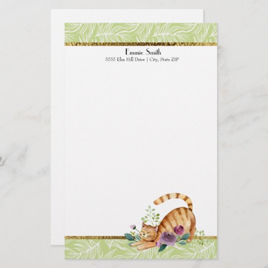 緑色の白葉い金ゴールドとタイガー猫の文房具 便箋 (正面/裏面)