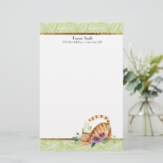 緑色の白葉い金ゴールドとタイガー猫の文房具 便箋 (スタンド正面)