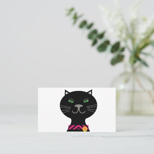 緑色の目とピンクの襟を持つ黒猫 名刺 (スタンド正面)