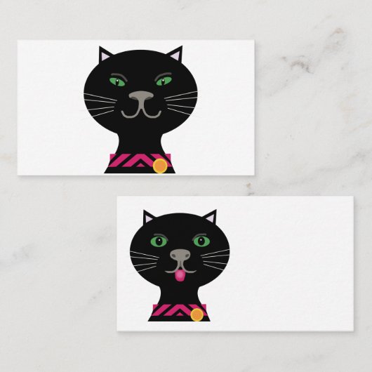 緑色の目とピンクの襟を持つ黒猫 名刺 (正面/裏面)