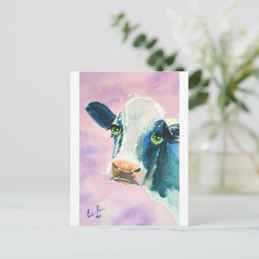 緑色の目の水色の牛の顔絵画。 ポストカード (スタンド正面)
