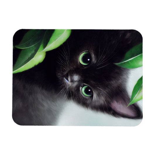 緑色の目をした可愛い黒い子猫 マグネット (横)