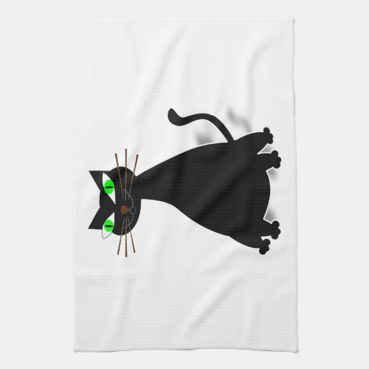 緑色の目をした黒い太った猫 キッチンタオル (縦)