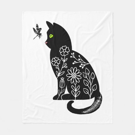 緑色の目をした黒猫 フリースブランケット (正面)