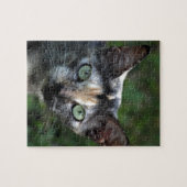 緑色の目を持つ灰色の茶色の白い猫 ジグソーパズル (横)