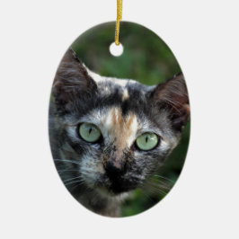 緑色の目を持つ灰色の茶色の白い猫 セラミックオーナメント