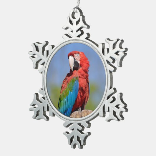 緑色の翼を持つマカオが止まっている スノーフレークピューターオーナメント (右)