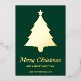 緑色の背景に文字が入ったミニマリストのクリスマスツリーの形 箔シーズンカード