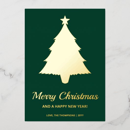 緑色の背景に文字が入ったミニマリストのクリスマスツリーの形 箔シーズンカード (正面)