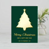 緑色の背景に文字が入ったミニマリストのクリスマスツリーの形 箔シーズンカード (立ち正面)