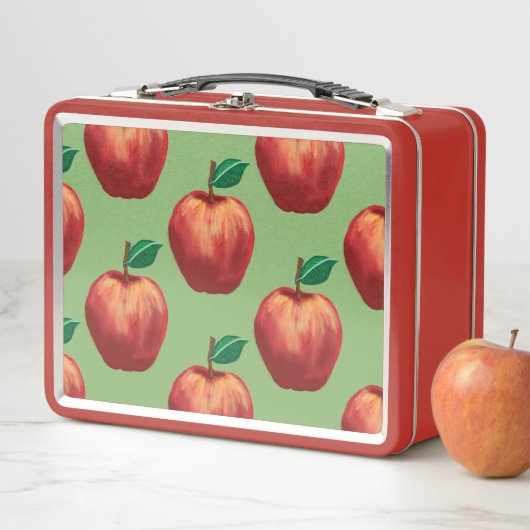 緑色の背景に熟した赤りんご模様 メタルランチボックス (インサイチュ)