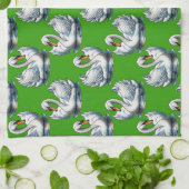 緑色の背景に白鳥の模様デザイン キッチンタオル (折り畳み)