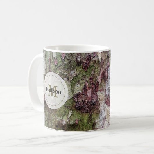 緑色の茶色の灰色のカモフラージュの木の樹皮モノグラム コーヒーマグカップ (正面左)