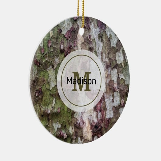 緑色の茶色の灰色のカモフラージュの木の樹皮モノグラム セラミックオーナメント (右)