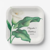 緑色の葉を持つ水色の白いユリ結婚ー ペーパープレート (正面)