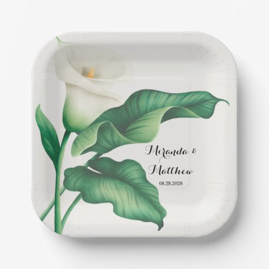 緑色の葉を持つ水色の白いユリ結婚ー ペーパープレート (正面)