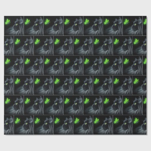 緑色の蝶を見つめ白熱［赤熱］光を放つる黒猫 ラッピングペーパー (フラット)