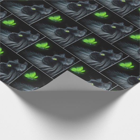 緑色の蝶を見つめ白熱［赤熱］光を放つる黒猫 ラッピングペーパー (角)