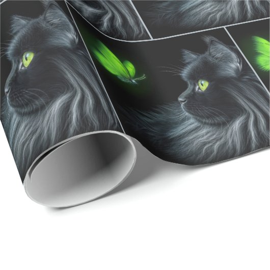 緑色の蝶を見つめ白熱［赤熱］光を放つる黒猫 ラッピングペーパー (ロールコーナー)