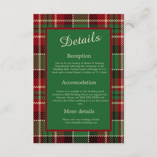 緑色の赤い黒のスコットランドのケルト結婚タータンチェック エンクロージャーカード (正面)