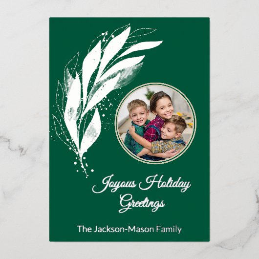 緑色の銀箔の水の色の葉の写真クリスマス 箔シーズンカード (正面)