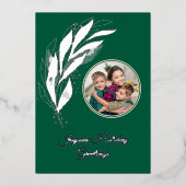 緑色の銀箔の水の色の葉の写真クリスマス 箔シーズンカード (正面)