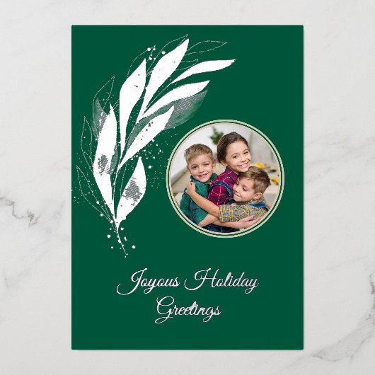 緑色の銀箔の水の色の葉の写真クリスマス 箔シーズンカード (正面)