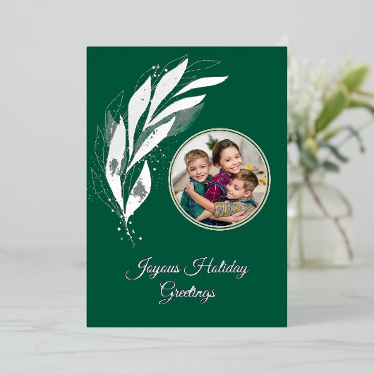 緑色の銀箔の水の色の葉の写真クリスマス 箔シーズンカード (立ち正面)
