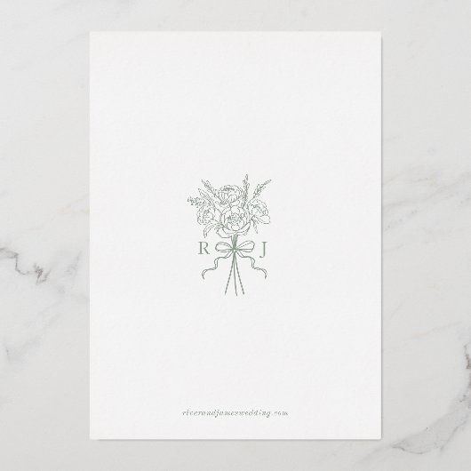 緑色エレガントの手描きリボン日付を保存 箔招待状 (裏面)