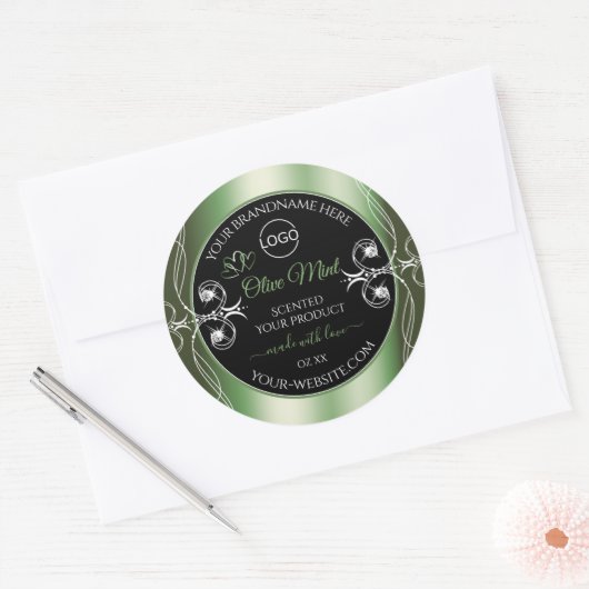 緑色エレガントの黒い製品ラベル宝石とロゴ ラウンドシール (封筒)