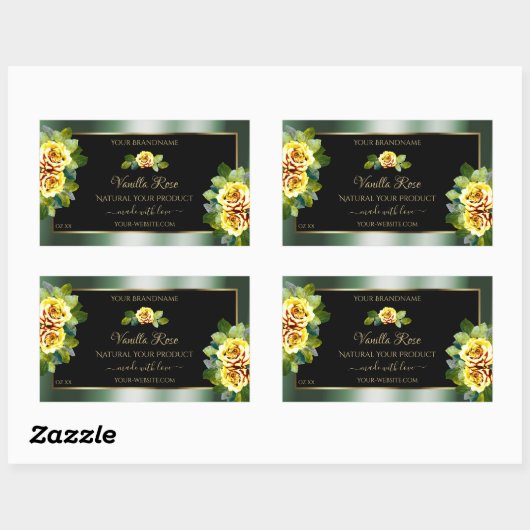 緑色エレガントの黒い製品ラベル黄色のバラ 長方形シール (シート)