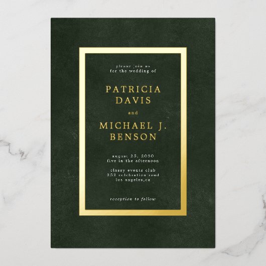 緑色エレガント金ゴールドフォイル結婚タイポグラフィ 箔招待状 (正面)