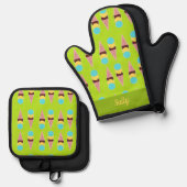 緑色カラフルに氷が張る 鍋つかみ&鍋敷きセット (正面/裏面)