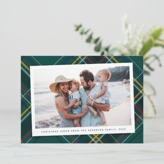 緑色メリーの格子模様の一枚写真のクリスマスモダン飾り シーズンカード (スタンド正面)