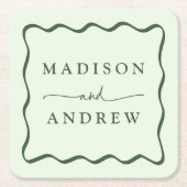緑色モダンの波状の結婚枠 スクエアペーパーコースター (正面)