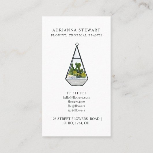 緑色モダン水彩サボテンテリウム花鳥 名刺 (裏面)