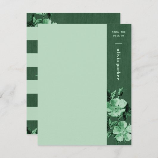 緑色モノクロ開花フローラ文房具カード (正面/裏面)
